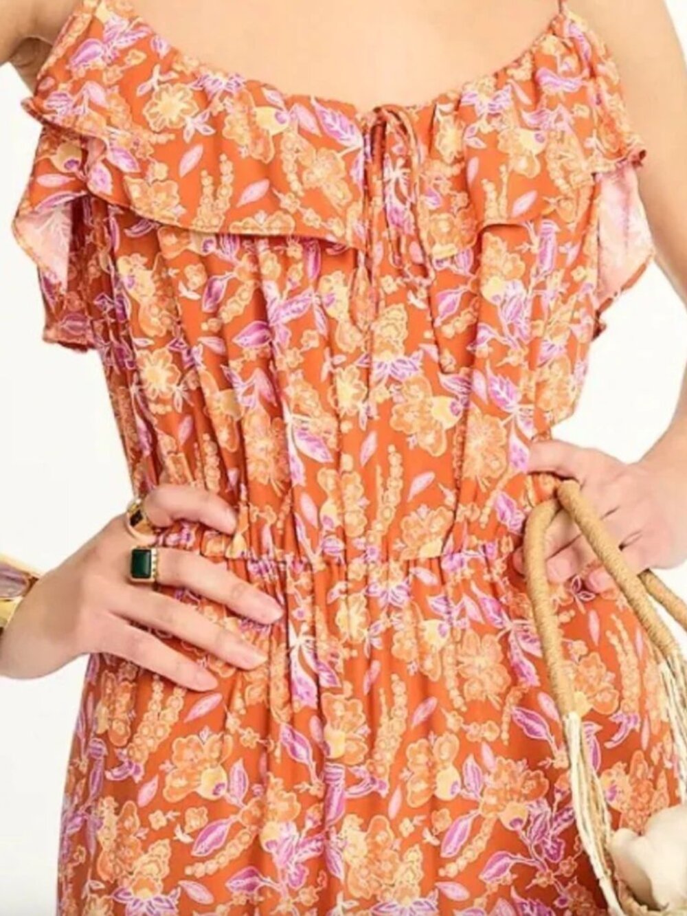 J. Crew • Floral Orange Pink Ruffle Tiered Maxi Dress in Painted Block Print • M - Picture 4 of 15